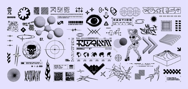 Y2K cyberpunk elements, asset retrofuturistic set in bitmap style - 3d wireframes, geometric shapes, stars, target, warning labels in glitch, pixel, halftone style. Y2K bitmap graphic box. Vector set
