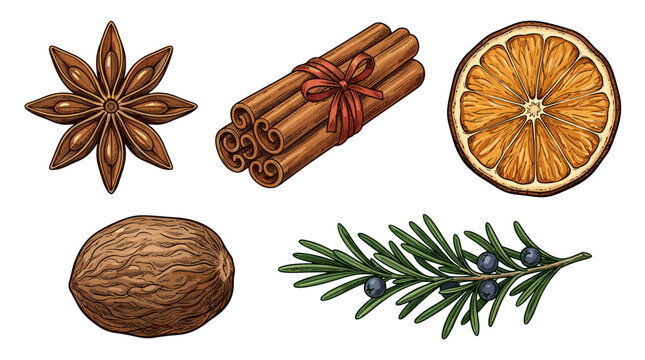 Christmas Food ingredients including star anise, cinnamon, and orange  