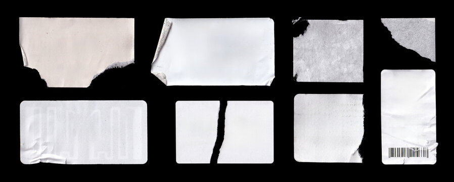 Blank white sticker labels with peeling corners, torn edges, creases and worn paper texture, price tag mockups. Set of blank paper labels, torn stickers, price tags with a crumpled effect. Photo scan