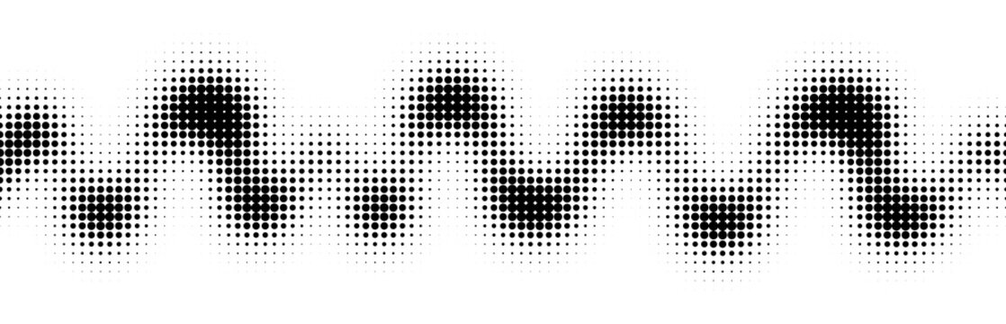 Abstract halftone wavy pattern background, black raster dots frequency gradient. Monochrome dynamic dotted pattern. Halftone wave design for retro banners, overlay, backgrounds. Vector ribbon.