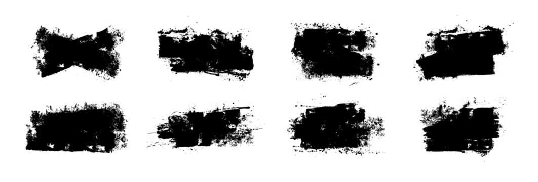 Eight black grunge paint patches with layered roller marks, rough edges and scattered splatters on white. Textured rectangular swatches for banners, labels, text boxes, advertising. Vector set