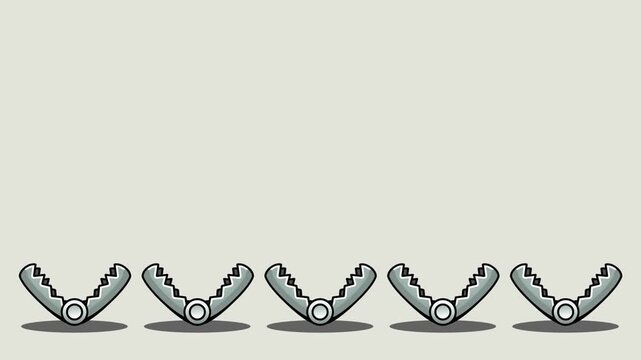 Five small cartoon steel bear traps with serrated teeth lined up in a row on a light gray background, a dangerous snare hazard game asset illustration