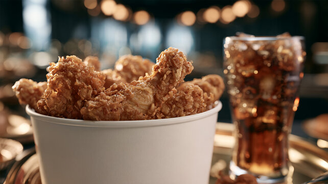 Crispy golden fried chicken drumsticks and wings served in a takeaway bucket with a refreshing glass of iced cola, delicious fast food meal with crunchy coating and warm restaurant bokeh lights