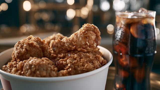 Crispy golden fried chicken drumsticks and wings served in a takeaway bucket with a refreshing glass of iced cola, delicious fast food meal with crunchy coating and warm restaurant bokeh lights