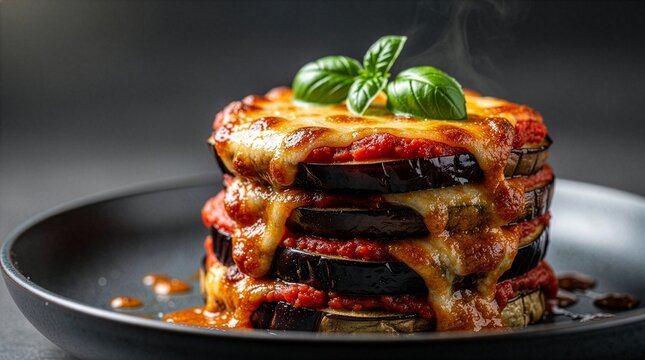 A steaming stack of hot eggplant parmigiana layered with rich tomato marinara sauce and melted golden cheese, topped with fresh green basil leaves on a dark ceramic plate.