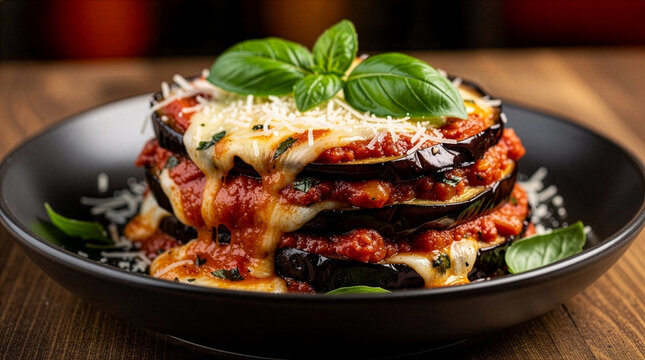A stack of delicious classic Italian eggplant parmesan with layers of melted mozzarella, rich marinara sauce, and grated cheese, garnished with fresh basil leaves in a black plate.