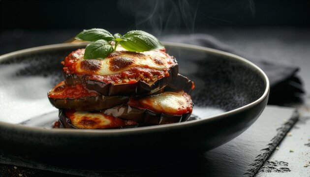 A steaming portion of hot eggplant parmigiana layered with melted bubbly mozzarella, tomato marinara sauce, and fresh basil leaves on a black plate against a dark moody background.