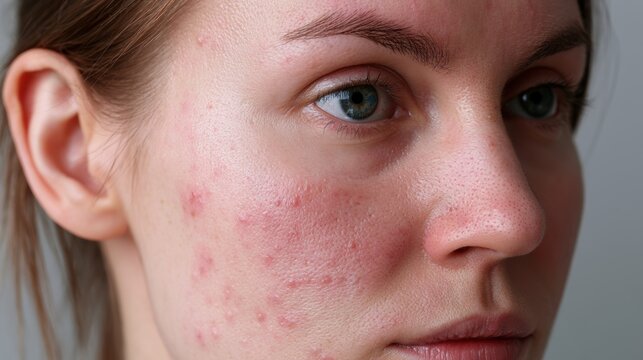 acne on woman face with rash skin, scar, and red skin syndrome allergic to cosmetics, use steroids, dermatology, inflammation, infection, hygiene