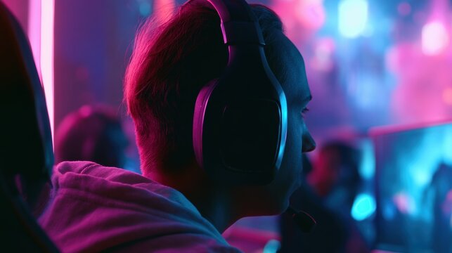 pro gamer man in headphones live streaming while playing online computer game, neon lights, esports,  gaming, monitor, play, young, player, internet, enjoyment, cyber,