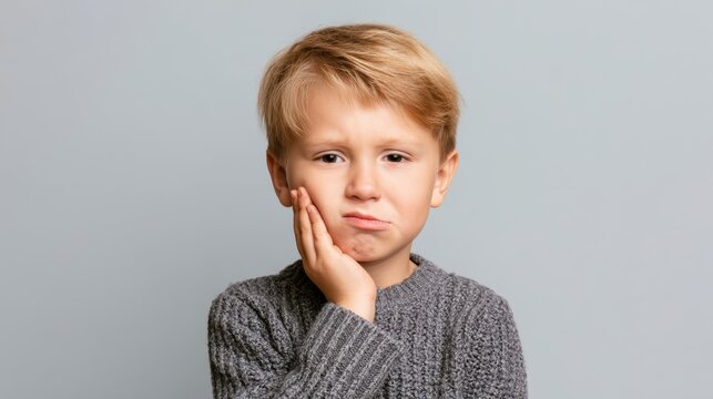 little boy presses hand to cheek, suffers from pain in tooth isolated on gray studio background. Teeth decay, dental problems, child emotions and facial expression