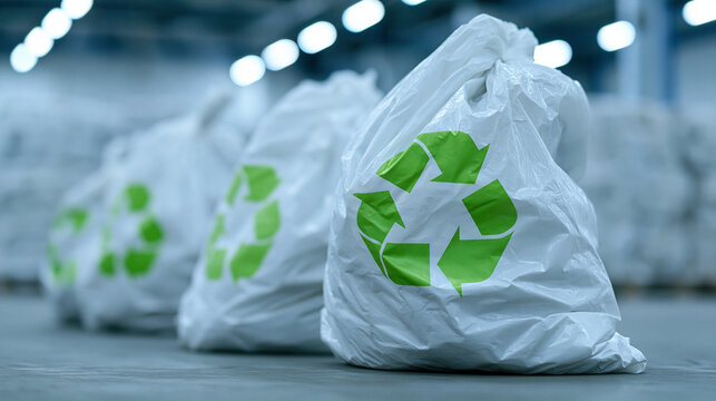 A row of white plastic bags with green recycling symbols sits in a clean warehouse. This represents sustainable waste management and environmental responsibility.