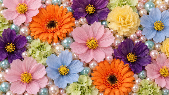 Colorful spring floral background with pink, purple and blue cosmos flowers, orange gerbera daisies, yellow carnations and pastel pearl beads creating a vibrant romantic decorative arrangement
