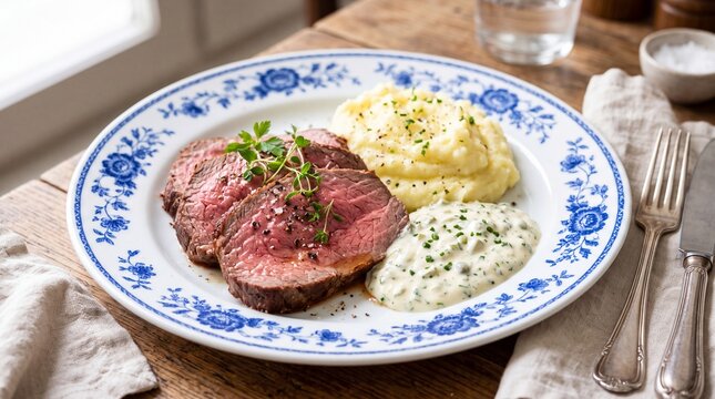 tender roast beef slices served with mashed potatoes and remoulade sauce on a plate