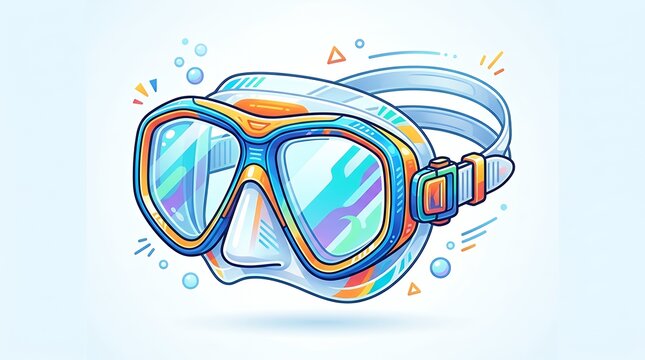 Bright graphic of a double lens scuba mask isolated on a plain backdrop diving mask goggles scuba snorkeling underwater gear equipment adventure travel exploration sport water cartoon illustration