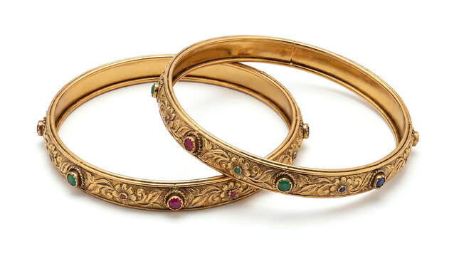 Pair of ornate gold bangles with gemstone accents.
