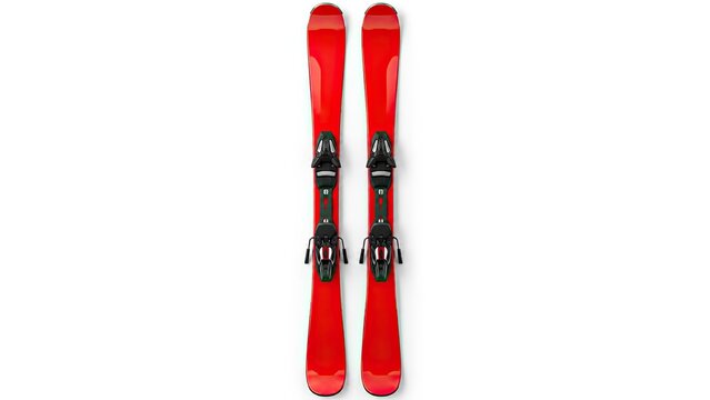 Pair of red alpine downhill skis with black bindings, positioned parallel and isolated against a clean white background.