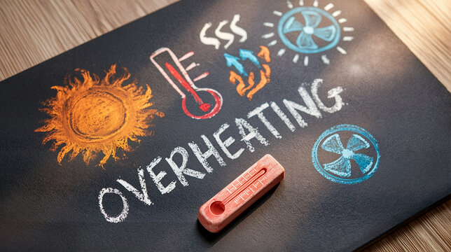 Flat lay matte blackboard with centered rough handwritten chalk overheating word, orange blazing sun, red thermometer and blue fan doodles, climate change concept