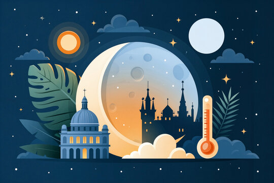Flat art illustration with large empty center, tropical leaf, european landmark silhouette and simple thermometer icon, tropical night transformation in europe climate anomaly