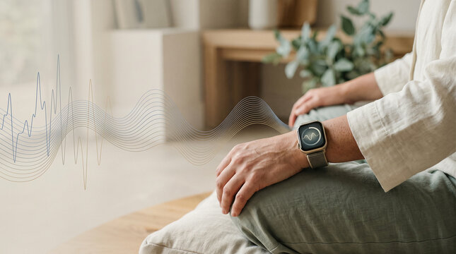 Person meditating while wearing a smartwatch tracking heart rate variability and biofeedback waves
