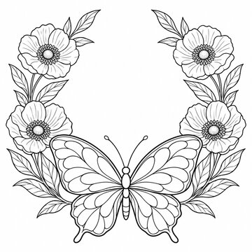 Butterfly and floral wreath outline illustration for adult coloring book page