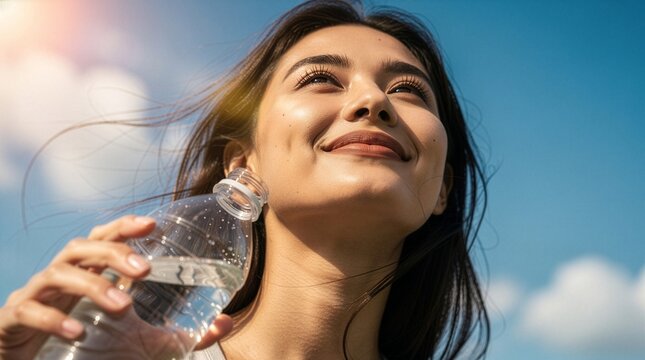 A low angle shot of a smiling young brunette woman holding a clear plastic water bottle against a bright blue sky with soft clouds, feeling refreshed and hydrated on a sunny day.