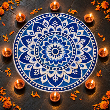 Circular blue rangoli mandala pattern with oil lamps and marigold flowers