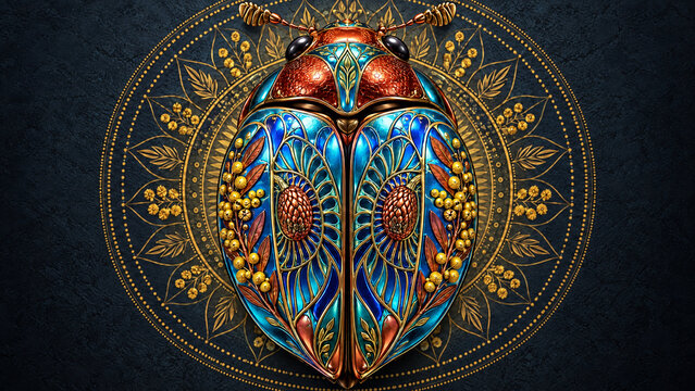 Ornate golden jewel beetle illustration with intricate mandala background