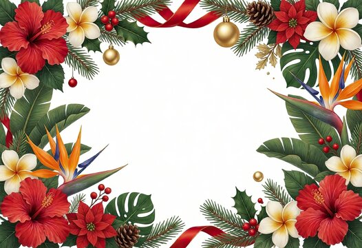 Vibrant tropical flowers and pinecones decorate festive holiday border frame