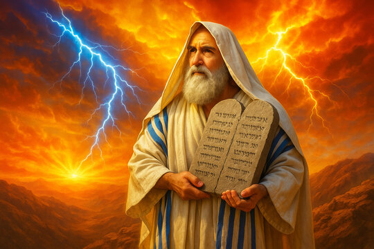 Elderly man holding stone tablets with inscriptions against dramatic fiery sky with lightning bolts AI generated image.