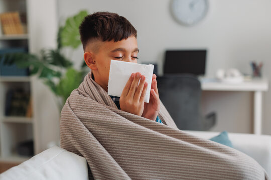 Young boy, wrapped in a blanket and holding a tissue to his nose, resting at home with cold symptoms and illustrating childhood illness and the need for care