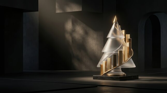 Minimalist 3D Frosted Glass Christmas Tree with Golden Financial Bar Charts for Holiday Budget Planning and Wealth Management in a Dark Chiaroscuro Architectural Setting