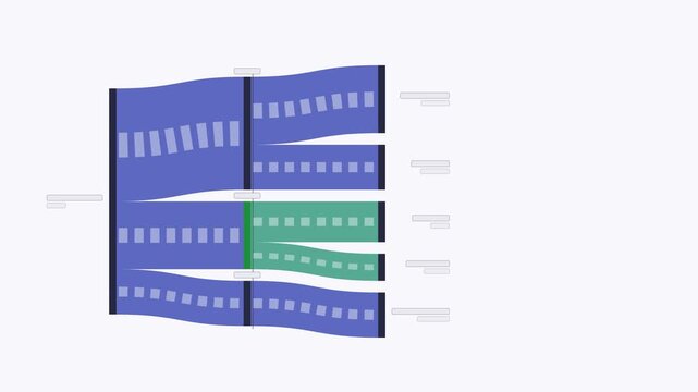 Animated budget split two levels nested drawn as a minimal flat vector chart in blue and azure on a light background. Smooth 4K seamless loop with blank label tags and room for your own numbers. Wides