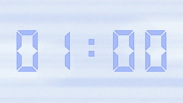 A pastel purple digital clock showing 01:00, set against a blurred pastel purple background.