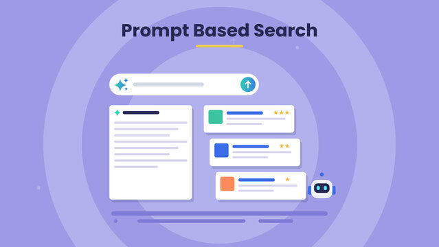 Generative search illustration with AI prompt, contextual summary and ranked website recommendations for GEO and search optimization