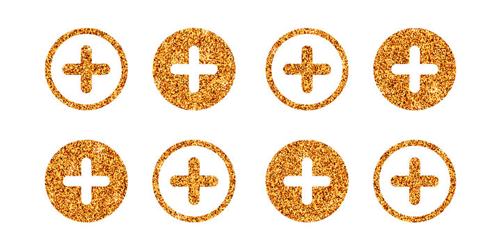 Collection of eight golden glitter plus signs arranged in a grid pattern on a solid transparent background