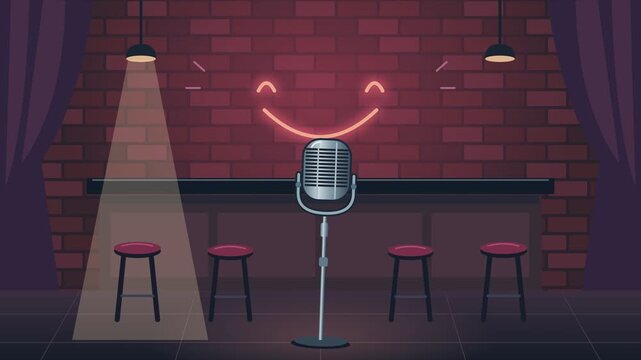 Retro Microphone on a Comedy Club Stage with Neon Smiley Face