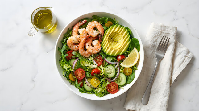 Fresh green salad bowl with grilled shrimp avocado and tomatoes served with a side of dressing