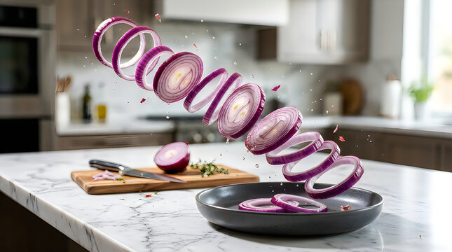 Fresh red onion slices flying in the air above a black frying pan in a modern home kitchen setting
