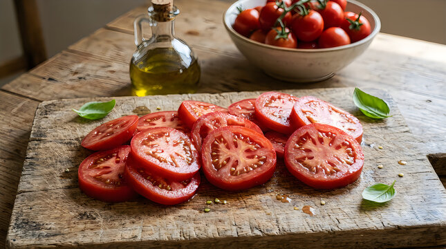 Fresh red tomato slices on a rustic wooden cutting board with olive oil and basil leaves