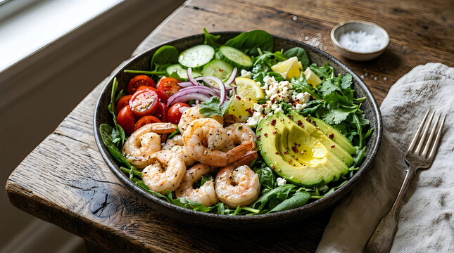 Fresh salad bowl with grilled shrimp avocado tomato and spinach served on a rustic wooden table