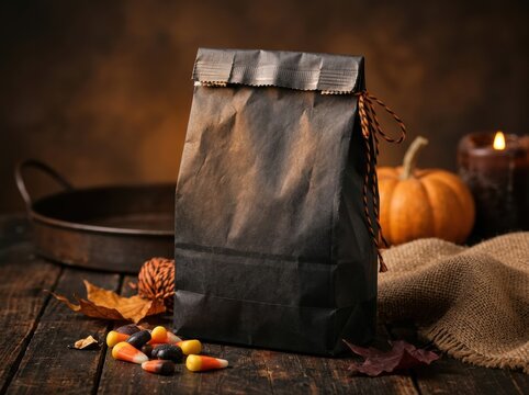halloween candy packaging blank Black paper bag surrounded by autumn decor including pumpkin and candy corn