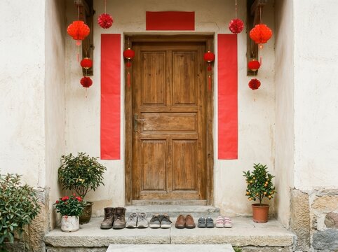 Spring Decor At Home Entrance With Floral Door Wreath
