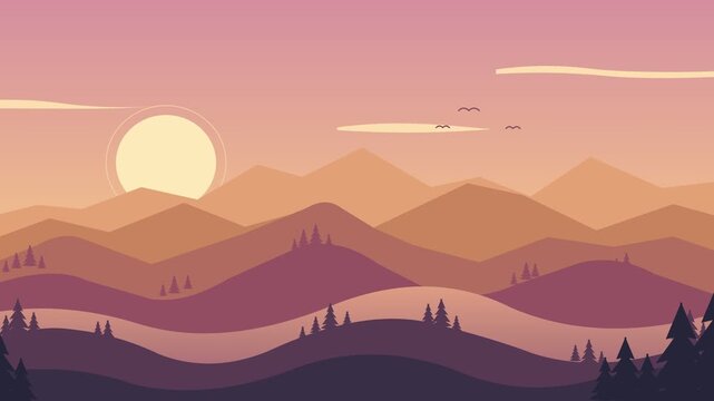 Flat Vector Landscape of Mountains at Sunset