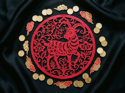 Red Goat Paper Cut Decoration Displayed On Silk Fabric