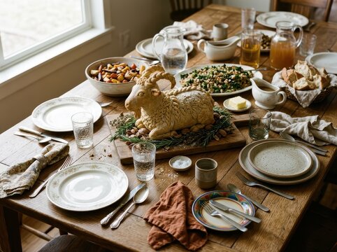 Lamb Shaped Pastry Centerpiece On Reunion Dinner Table