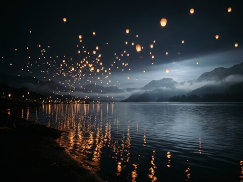 Floating Sky Lantern Background Above A Mountain Lake