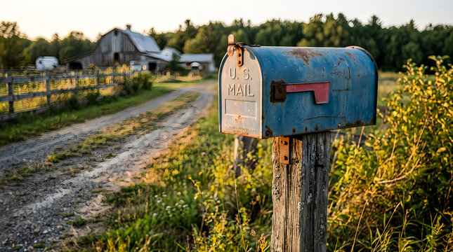 Old rustic blue metal mailbox standing on a wooden post by a dirt road in a quiet country farm