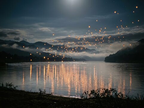 Sky Lantern Festival Background Over Mountain River