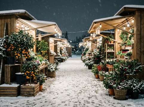 Snowy Night Market Stalls Lined With Flower Plants