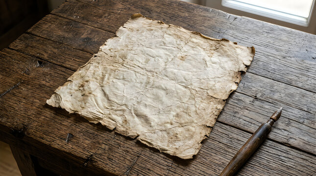 Old treasure map lying on a rustic dark wooden table surface with soft natural window light
